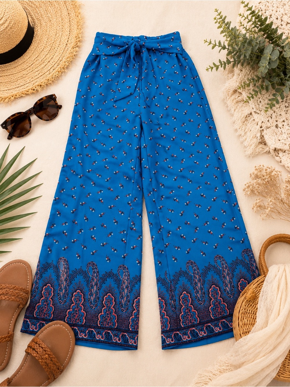 Ann Taylor Factory Blue Floral Tie Waist Wide Leg Crop Pants XS Boho Culottes
